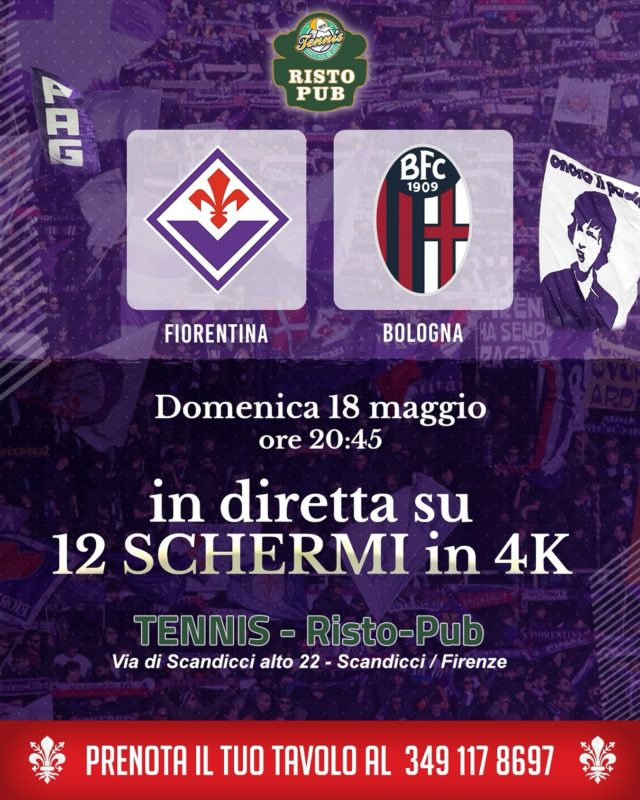 FIORENTINA-BOLOGNA 💜⚽️
La partita verrà trasmessa sui nostri 12 schermi 4k
Prenota ora per vedere la tua squadra del cuore qui da noi al nostro numero telefonico. 📞

https://prenotazioni.cooperto.it/in/58ee68e7-e5a0-422e-925e-51a8ed55eb03

Vi aspettiamo da Tennis Sport Bar e Grill. 🎾

📍 Via Scandicci Alto, 22,
📞 349 117 8697