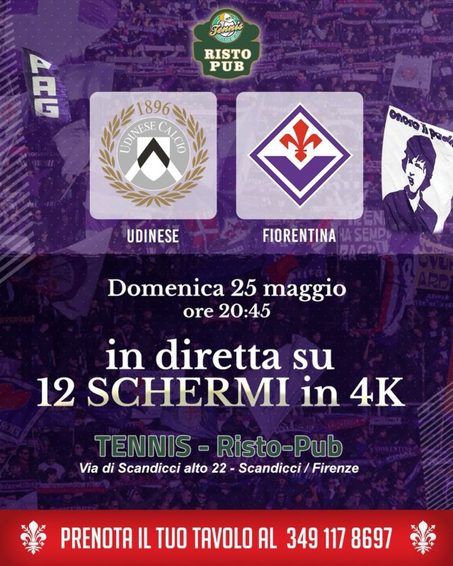UDINESE-FIORENTINA 💜⚽️
La partita verrà trasmessa sui nostri 12 schermi 4k
Prenota ora per vedere la tua squadra del cuore qui da noi al nostro numero telefonico. 📞

https://prenotazioni.cooperto.it/in/58ee68e7-e5a0-422e-925e-51a8ed55eb03

Vi aspettiamo da Tennis Sport Bar e Grill. 🎾

📍 Via Scandicci Alto, 22,
📞 349 117 8697