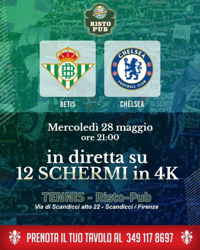 BETIS-CHELSEA ⚽️FINALE CONFERENCE LEAGUE 🏆
La partita verrà trasmessa sui nostri 12 schermi 4k
Prenota ora per vedere la tua squadra del cuore qui da noi al nostro numero telefonico. 📞

https://prenotazioni.cooperto.it/in/58ee68e7-e5a0-422e-925e-51a8ed55eb03

Vi aspettiamo da Tennis Sport Bar e Grill. 🎾

📍 Via Scandicci Alto, 22,
📞 349 117 8697